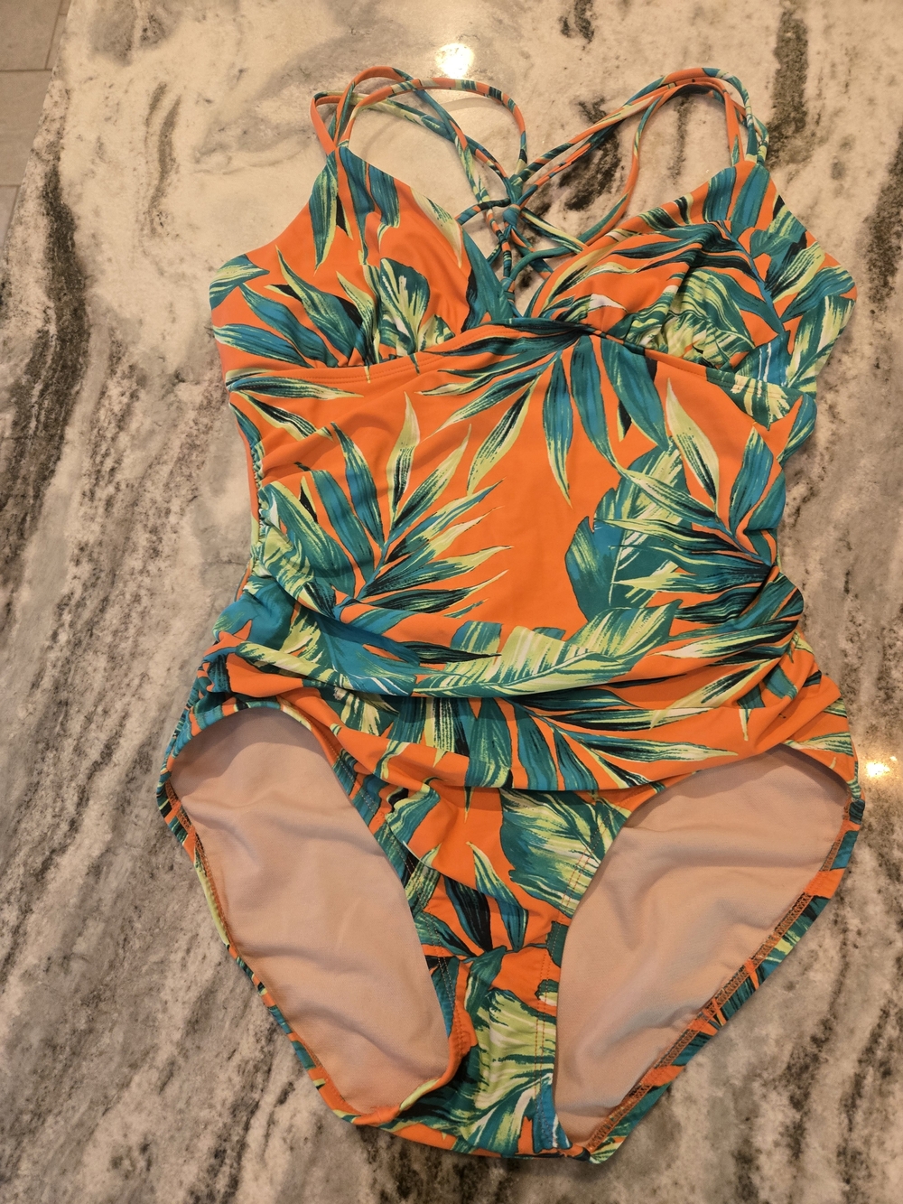 Merona Orange Tropical Leaf One-Piece Swimsuit